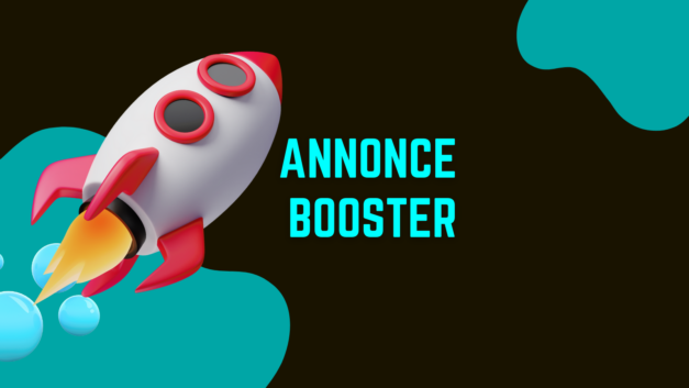 Teksten Annonce booster, på en sort og blå baggrund med en illustration af en raket ved siden af