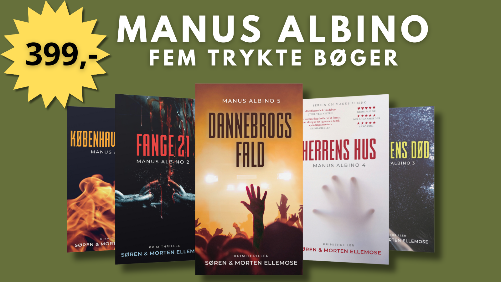 Krimi serien Manus albino skrevet af Søren & Morten Ellemose. Serien indeholder 5 bind. Københavns brand, Fange 21, Havfruens død, Herrens hus og Dannebrogs fald